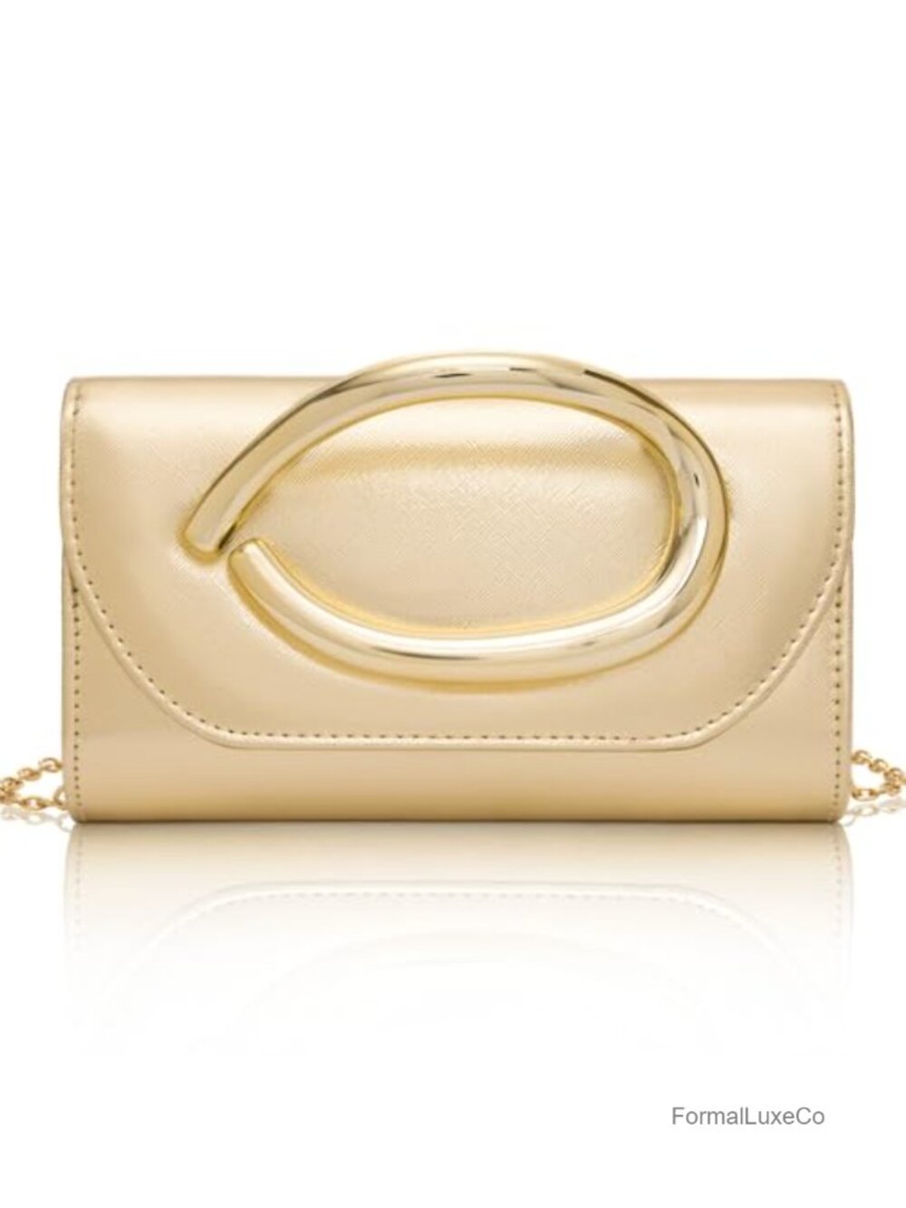 Faux Leather Evening Clutch with 3D Gold Handle and Chain for Weddings